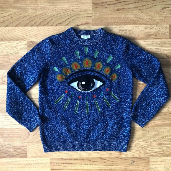 KENZO (Size XS) Blueish-Grey Evil-Eye Wool Sweater - Picture 1 of 5